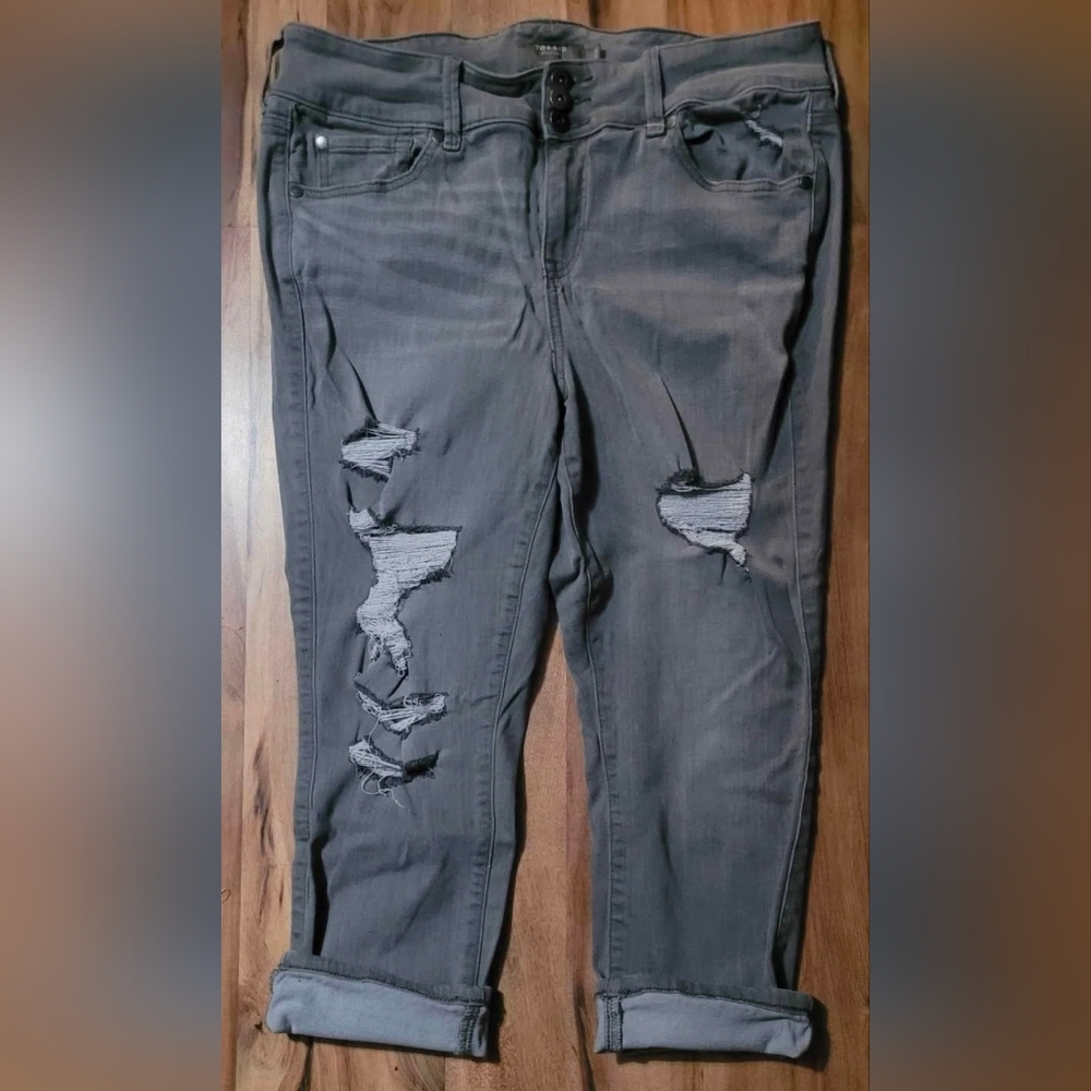 torrid Charcoal Gray Ripped Skinny Jeans with Rolled Hem